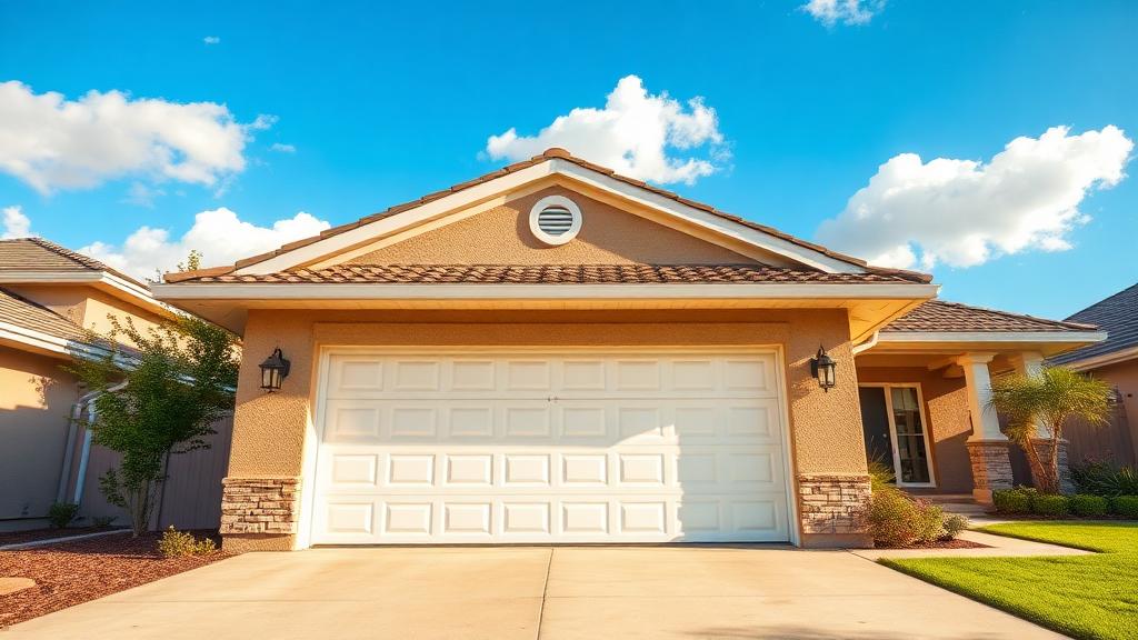 Residential garage door on a sunny summer day
