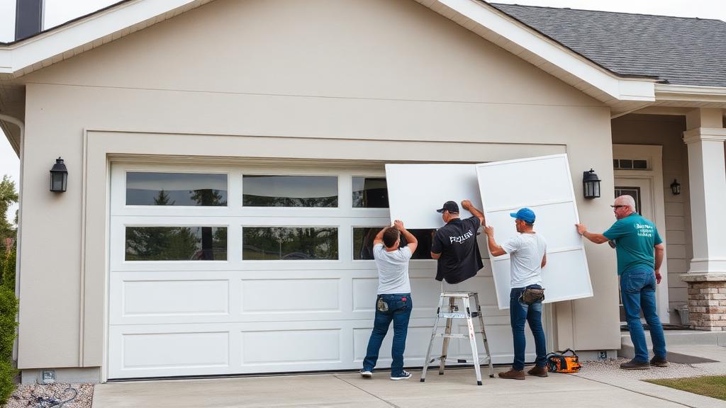 Workers installing new garage door
