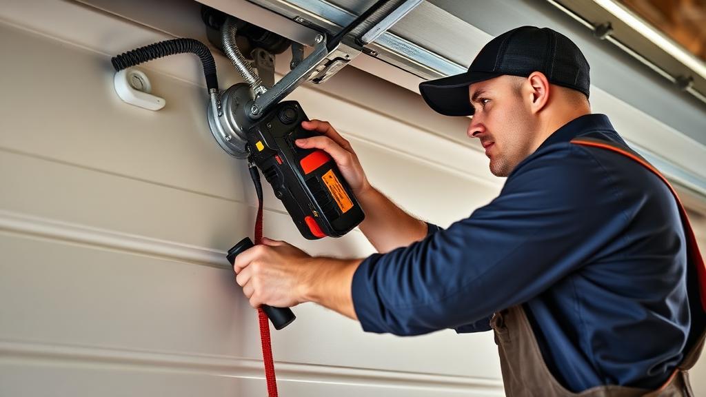 Professional technician repairing garage door